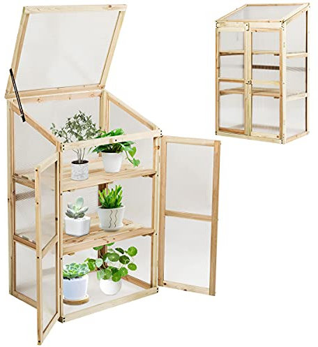 RELAX4LIFE Invernadero de Madera de 3 Niveles con 2 Puertas y Tapa Abatible, Invernadero para Macetas con Placas de Policarbonato para Jardín, Balcón y Terraza, 60x45x100cm, Natural
