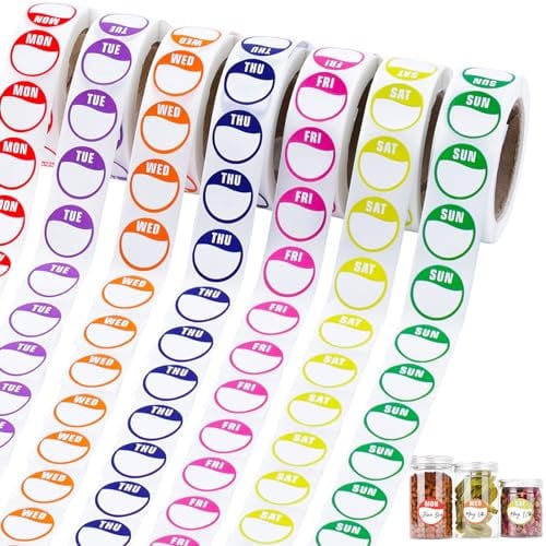 Days of The Week Stickers,3500 Food Labels Stickers,Circular Full Week Day Dots Food Labels,Day Dots Food Labels,Removable Labels for Jars(All 7 Days Included 500 Labels per Roll)