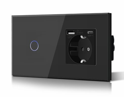 BSEED Lichtschalter mit Steckdose Unterputz 1 Fach 1 Weg Lichtschalter + 3 in 1 Steckdose mit 2.1 A USB Ladeleistung und Type C Adapter Aufladestation Verlängerungssteckdosen Glas 157mm Schwarz