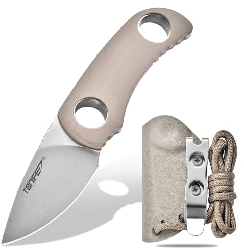 TONIFE Runer Feststehendes Neck Knife mit Scheide und Lanyard 4,7cm Full Tang-Klinge EDC Messer Neck Knife für Outdoor (Warmer Sand+Stonewash)
