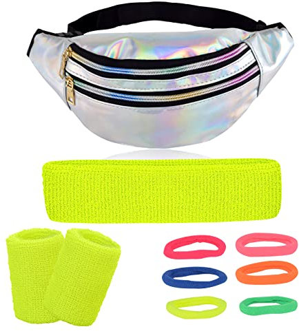 80er 90er Gürteltasche Bauchtasche mit neongelben Armbändern und Stirnband Neon Haargummi für Retro Party Thema Karneval