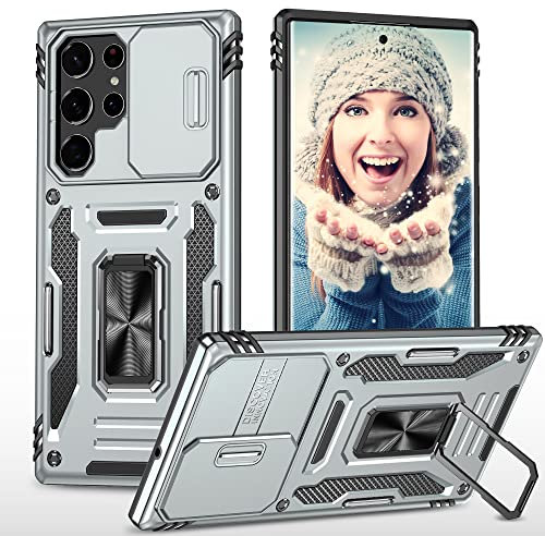 ATISIJIE Coque pour Samsung Galaxy S22 Ultra étui [Protection d'appareil Photo Slide Camera], Support 360° Rotatif Militaire Renforcée Armor Antichoc Bumper Housse Gris