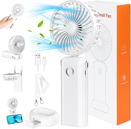 Handheld Fan Portable Fan USB Rechargeable 5 in 1, Hand Fan Mini Fan Small Fan Battery Powered with 3 Speeds, Foldable Powerful Hand Held Fan Desk Fan Neck Fan for Home, Office, Camping, Travel, White
