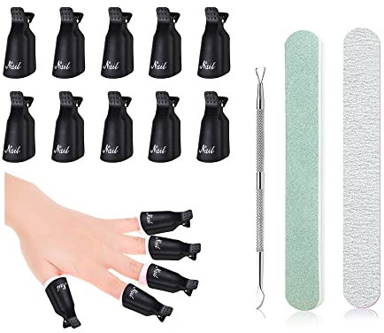 Nagellackentferner Clips Set, 10 Stück Nagel Klammer mit Nagelhaut DrückerTrimmer und 2 Stück Nagelfeile, Gel Cap Einweichen Clip für Gel Polish Entferner (Schwarz)
