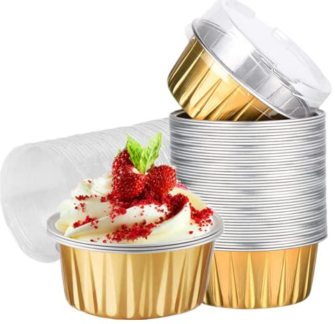 100 Pack Aluminum Foil Baking Cups with Lids 5 oz Dessert Cups Muffin Tins Disposable Mini Cake Pans Cupcake Cups Muffin Tins Liners for Wedding Birthday Individual Dessert Containers (Gold)