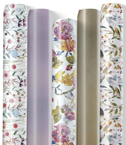 artwelten Home & Style Geschenkpapier Blumen – 5 Rollen à 2 m x 70 cm – Floral & Rosé-Gold – Ohne Knicke – Nachhaltig – Ideal für Geburtstag, Hochzeit, Valentinstag, Muttertag, Frauen