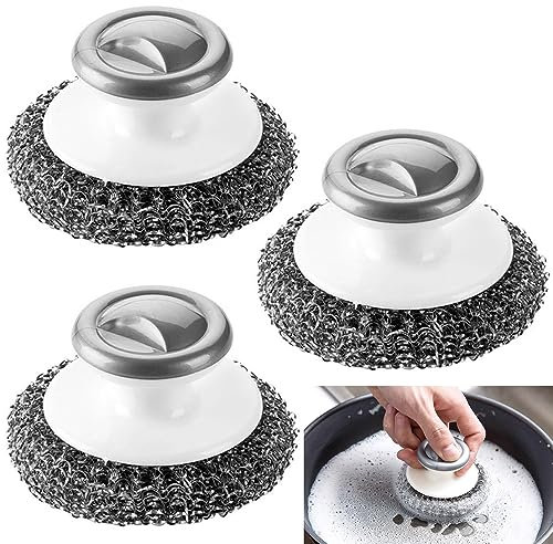 3 Pieces Stainless Steel Wool Scrubber with Handle,YuCool Pot Scrubbers Dish Scrubber Cleaning Brush Wash Stainless Steel Scrubbing Brushes for Pots,Pans,Grills,Sink