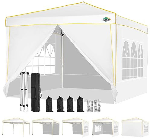 COBIZI Pavillon 3x3 Wasserdicht Stabil Winterfest Partyzelt, Faltpavillon 3x3 mit 4 Seitenteilen, 100% Wasserdicht und UV 50+ Tragbares High-End Tragbarkeit Gartenpavillon, Weiß