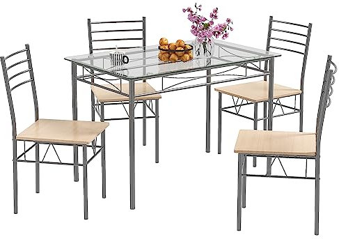 RELAX4LIFE Esstisch mit 4 Stühlen, Essgruppe 5-teilig, Küchentisch Set mit Glastischplatte & Metallrahmen, Esszimmergruppe für 4 Personen, Sitzgruppe für Esszimmer Wohnzimmer