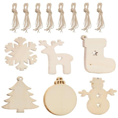 60 Pezzi Decorazioni Natalizie Legno, Ciondoli Alberi di Natale in Legno Pendenti di Natale con Twine per Decorare Albero di Natale Fai da Te Etichette Regalo