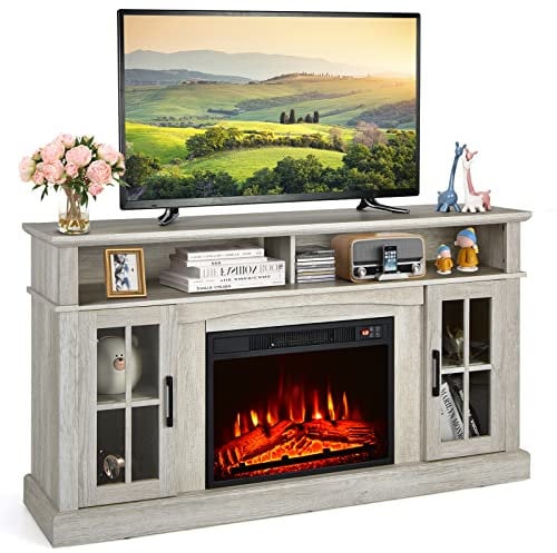 COSTWAY Electric Fireplace Insert TV Stand, Entertainment Center Console Table with 3-level Flame Overheat Protection Fireplace Heater & Remote Control (Grey, 23” Fireplace,148x40x82cm for 65” TV)