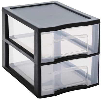 SUNDIS Tag Tower, schubladenbox aus Kunststoff, Schwarz, 2 transparente Schubladen für A4-Papier, Höhe 25,5 cm, stapelbar, ideal für Schreibtisch, Unterricht, Dokumente, Zubehör