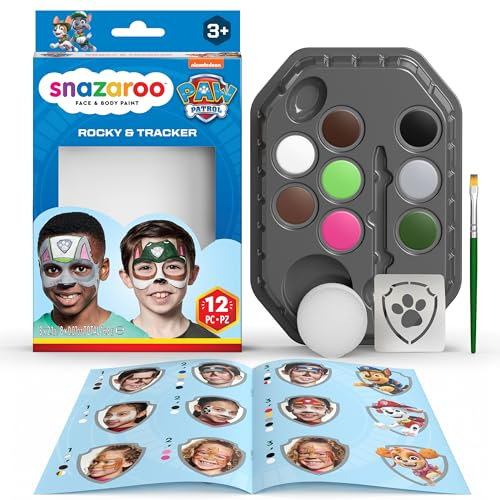 Snazaroo 1172203 Paw Patrol Schminkset Rocky & Tracker - 8 Gesichts- und Körperfarben auf Wasserbasis mit Schwamm, Pinsel, Schablone, Anleitung