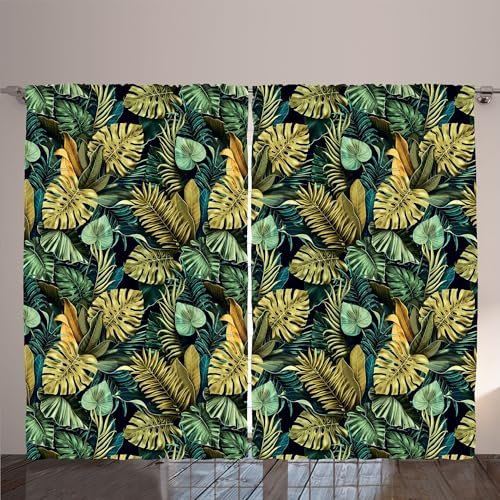ABAKUHAUS Tropisch Rustikaler Vorhang, Kunst Exotische Monstera Blätter, Wohnzimmer Universalband Gardinen mit Schlaufen - 140 cm x 2 Gardinenschals, Gesamt 280 x 175 cm, Dunkles Blaugrün Olivengrün