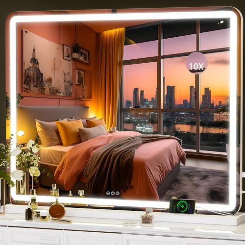 Hasipu Kosmetikspiegel mit Beleuchtung, 100 x 75cm LED Schminkspiegel, Beleuchteter Schminkspiegel mit dimmbaren 3 Modi, Touchscreen Steuerung Kosmetikspiegel Rund Weiß