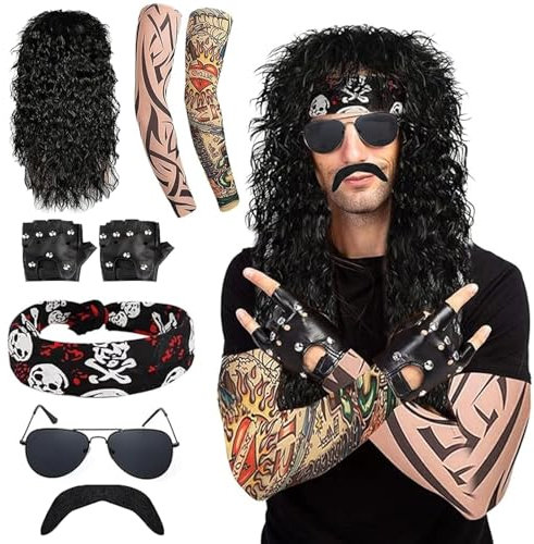 Wondora 6 Stück Rocker Outfit Herren Rocker Kostüm Rocker Kostüm Herren, Disco Sonnenbrille Vokuhila Perücke Schnauzbart für Rollenspiel, Halloween, Fasching