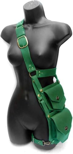 Steampunk Gothic Leder Doppel Holster Umhängetasche, Vintage Gürteltasche Cosplay Kostüm Wikinger Stil Umhängetasche für Frauen, Viktorianisches LARP Kostüm,Grün