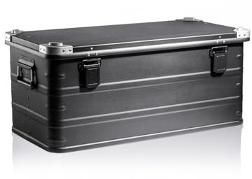 GUARDIQUE AluVault 081L – Alubox mit Deckel, Aluminium Aufbewahrungsbox, Alukiste, Spritzwassergeschützt, Staubdicht, Stapelbar - Transportbox mit Federgriffen für Werkzeug und Ausrüstung, Schwarz