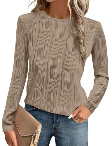 Gemulate Long Sleeve Tops Women Dressy Casual Ladies Blouses T-Shirts | Crewneck Trendy Basic Loose Textured Blouses Outfits