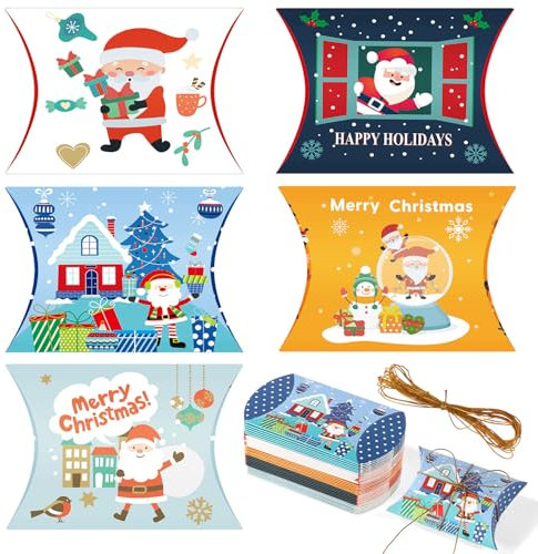 30pcs Christmas Pillow Boxes, 5 Styles Christmas Card Money Holder Small Christmas Treat Box Pillow Candy Boxes with Gold Twine for Christmas Party Favor(Santa Claus Style)