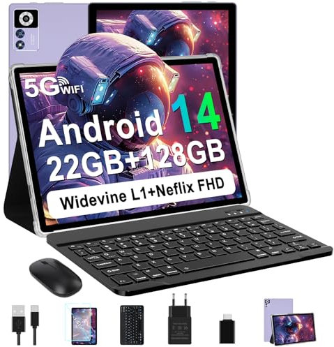 ZIOVO Android 14 Tablet 10 Pollici, 22GB RAM+128GB ROM (TF 1TB), 5G WiFi Tablets, Supporto Widevine L1/Octa-Core/8000mAh/Corpo Metallico/8+5MP, 2 in 1 Tablet PC con Tastiera e Mouse- Viola