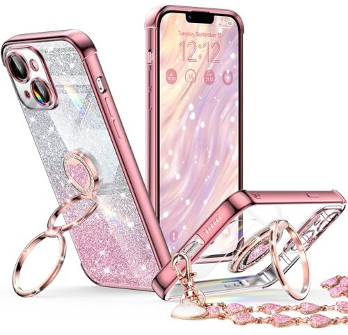 XYZ for iPhone 13 Mini Case with Stand, Phone Case with Double Ring Kickstand, Women Girls Bling Luxury Glitter Clear Phone Case Cover Heart for iPhone 13 Mini, Rose Gold