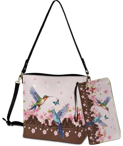 Sannovo Umhängetasche aus Leder mit Kolibri-Aufdruck, Pfirsichblüte, große Hobo-Tasche mit PU-Leder, Geldbörsen-Set, Eimer, Handtasche, Tragetasche mit verstellbarem Schultergurt, Rosa