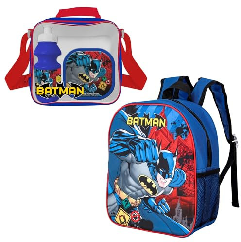 Bundle Bear Batman Rucksack & Batman Lunchbox Set – Kinder Lunch-Taschen für Mädchen & Jungen – inklusive Batman-Rucksack, Batman-Lunch-Tasche & Sportflasche