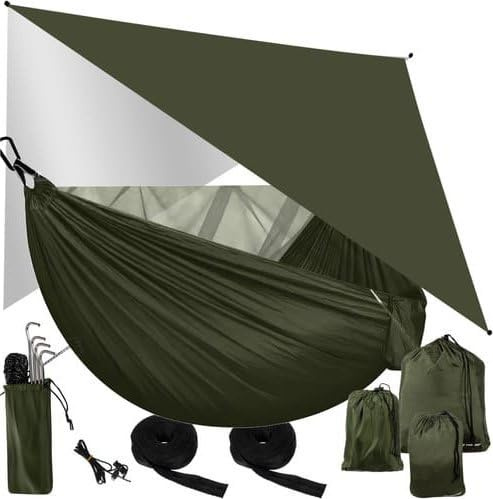 Trizand Hamaca con mosquitera y lona – Ultraligera Outdoor Camping Juego completo para 2 personas, 260 × 140 cm, 250 kg de carga, incluye cuerdas, mosquetón y bolsa