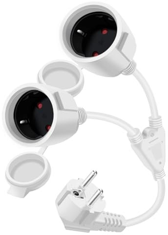 HuaLiSiJi Rallonge Double Prise Schuko Rallonge Electrique Double 16A /250V Rallonge Courte Schuko avec Couvercle Etanche H05VV-F 3x1.5mm² pour la Maison, Le Bureau (Blanc 35 cm)