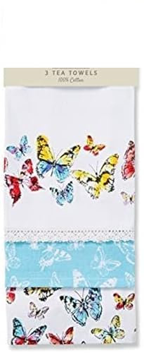 SiXsigma Sports Pack of 3 Tea Towels – 100% Cotton Decorative Kitchen Linen for Cooking, BBQ, Baking & Dish Drying (Butterfly Brew)