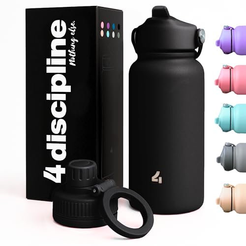 4-DISCIPLINE｜Gourde Inox Isotherme 1L (Noir Intense - finition mate) – Sans BPA, étanche – Support magnétique + bouchon sport avec paille – Base silicone – Idéal pour sport, bureau, voyage