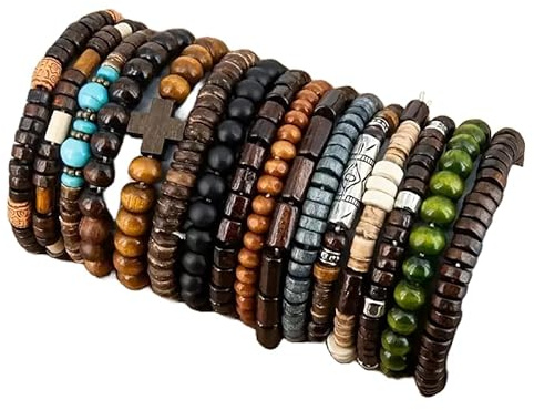Armband Set Holzperlen 16 Stück – Farbige Perlen Armbänder Damen Herren | Modisches Schmuck Set – Boho Festival Ethno Hippie Style