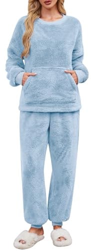 UMIPUBO Pigiama Donna Invernale Felpato Pigiami in Pile Caldo Set Due Pezzi Tuta Termico Invernali Completo da Casa Top a Maniche Lunghe e Pantaloni Lounge Morbido Sleepwear con Tasche
