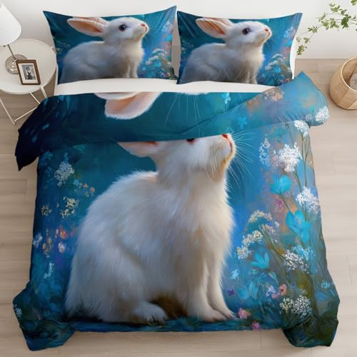 Generisch Süße Häschen Bettwäsche Blau, Magisches Tier Mikrofaser Bettgarnitur Weicher Atmungsaktive Antiallergie für Mädchen Jungen 135 x 200 cm Bettbezug + Kissenhülle 80 x 80 cm