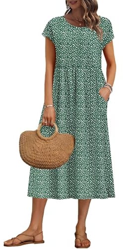 AUSELILY Vestito Estivo Donna a Maniche Corte Abiti Casual Midi con Tasche | Scollo a Girocollo, Abiti Larghi, Vestito Ampio a Trapezio