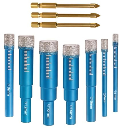 Eudomis 10 Stück Fliesenbohrer Set,5/6/8/10/12/14/16mm, diamantbohrer,Fliesenbohrer Glasbohrer Set und 3 Stück Dreieckbohrer 5/6/8mm,glasbohrer für Glas, Porzellan, Keramik, Granit, Marmor