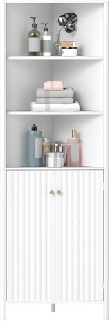 GOPLUS Armario Alto Esquinero, Armario de Esquina con 3 Estantes Abiertos y 2 Puertas Acanaladas, Mueble de Almacenamiento con Estante Ajustable para Baño, Sala de Estar, Dormitorio, Cocina (Blanco)