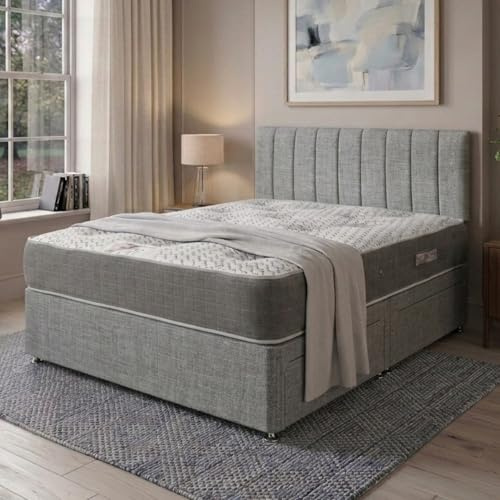 AU Gold Beds 4FT6 Double Bed Set with 2000 Pocket Sprung Mattress - Grey Linen Divan Bed Base with Versatile Storage Options – 9 Panel Headboard with Chrome Glider Feet (Double)