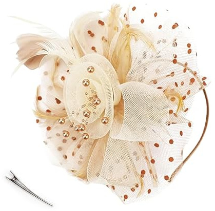 Voarge Women Fascinators Hats, Flower Fascinators Mesh Ribbons Feathers on a Headband and a Forked Clip for Wedding Garden Tea Prom Party (Beige, Gold)