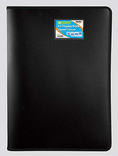 Tiger A3 Premium Black Zip Up Presentation Display Book Folder Portfolio - 20 Pocket (40 Views) - Professional Quality, Sleek Design, Ideal for Artwork, Documents, Presentations and Projects