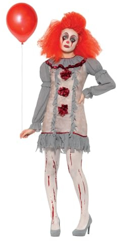 Smiffys Vintage Clown Lady Costume, Grey & Red with Dress & Neck Ruffle, Halloween Cirque Sinister Fancy Dress, Clown Dress Up Costumes