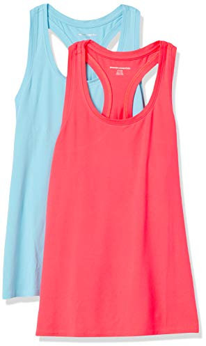 Amazon Essentials Top Deportivo Elástico de Secado Rápido y Tirantes (Hay Tallas Grandes) Mujer, Pack de 2, Rosa Fluorescente/Azul, M