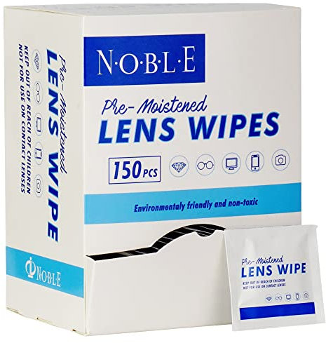 Noble Pre-moistened Lens Wipes | Individually Wrapped Lens and Screen Cleaning Wipes | Great for Eyeglasses, Tablets, Camera Lenses, Screens, Keyboards, and Other Delicate Surfaces (150 Wipes)
