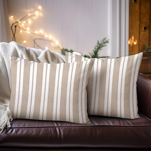 Encasa XO Kissenbezüge 2 Stück (30x50 cm) - Franca Beige Stripes - Weiche Baumwolle Leinwand Ungefärbt Rechteckige Kissenbezug Bunte Dekorative für Wohnzimmer Schlafzimmer Sofa Waschbar
