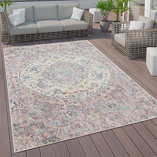 Paco Home In- & Outdoor-Teppich Für Balkon Terrasse, Kurzflor Mit Orient-Muster In Rosa, Grösse:Ø 200 cm Rund