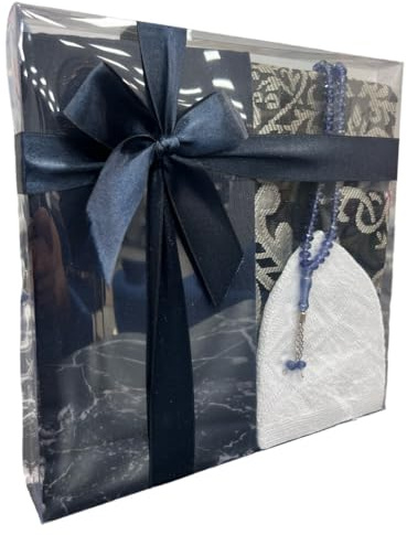 Ilm Verlag Geschenkbox Set mit Kopftuch, Gebetsmütze, Tesbih und Gebetsteppich (Dunkelblau)