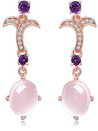LOKILOKI Orecchini Pendenti in Argento Sterling 925 con Quarzo Rosa Ovale Naturale Naturale S925