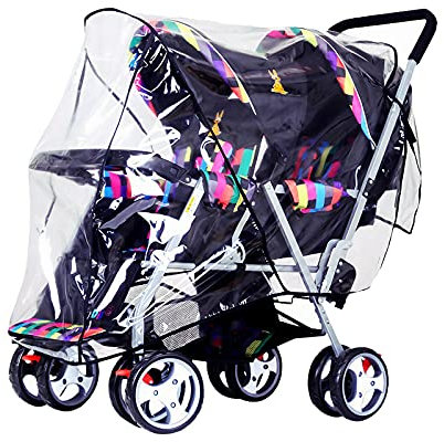 Universal Regenschutz für Zwillingskinderwagen Weicher Ungiftiger Regenverdeck Regenhaube Transparenter Windschutz Staubschutz Geschwisterwagen Regenhülle Wasserdichte Abdeckung für Buggy Sportwagen