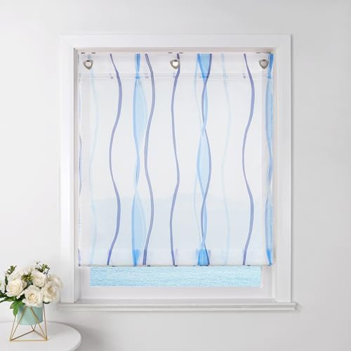 ESLIR Raffrollo mit Ösen Gardinen Küche Raffgardinen Transparent Ösenrollo Vorhänge Mit Wellen-Druck Modern Voile Blau BxH 100x140cm 1 Stück